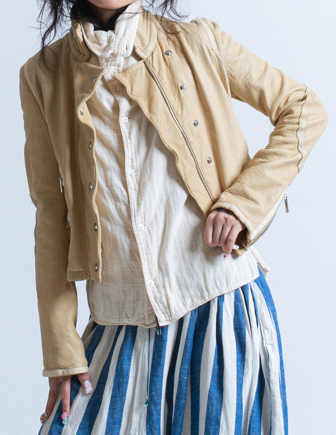 Giorgio Armani cropped cream moto leather jacket detail