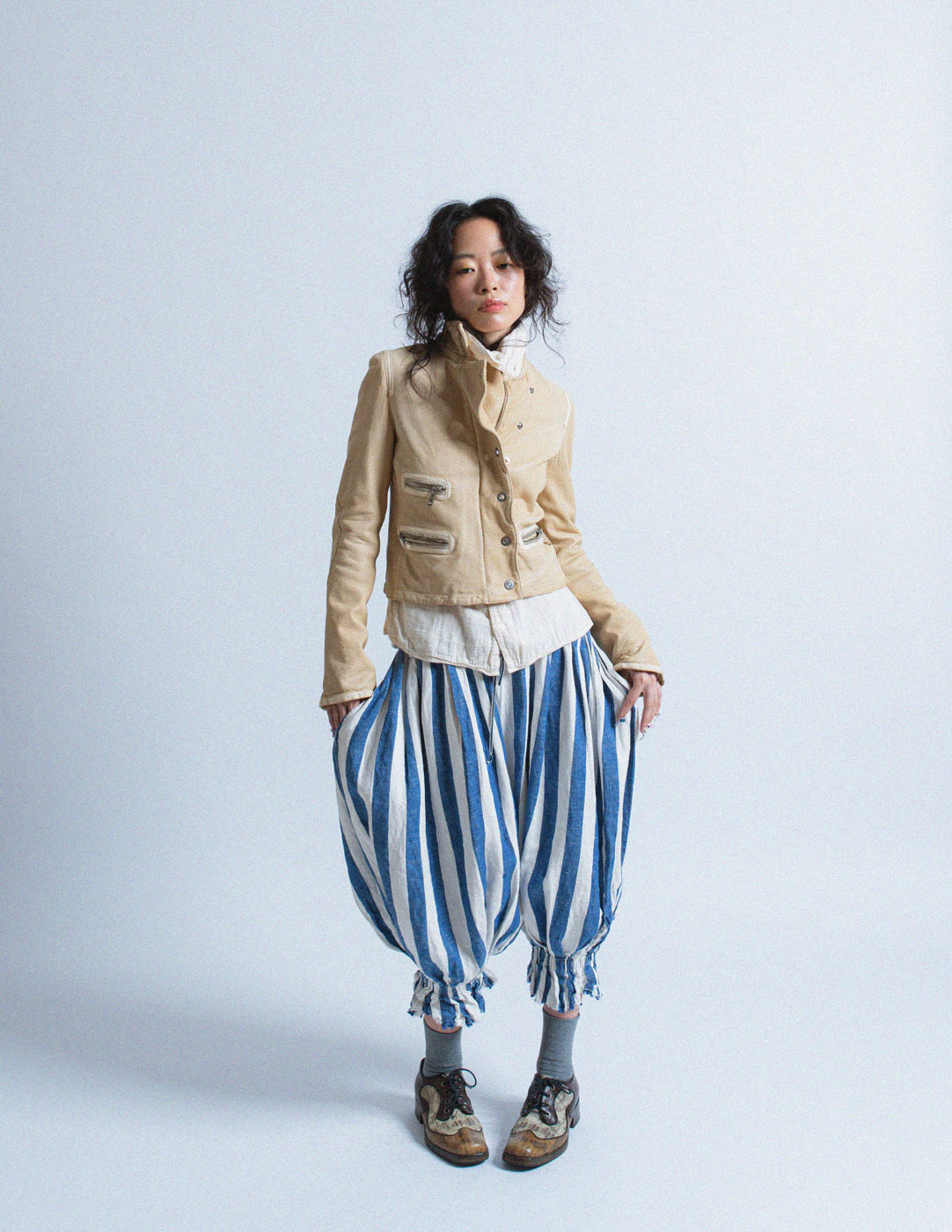 Giorgio Armani cropped cream moto leather jacket