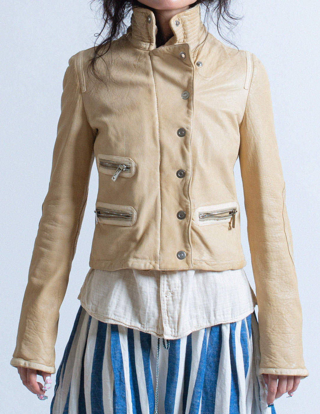Giorgio Armani cropped cream moto leather jacket detail