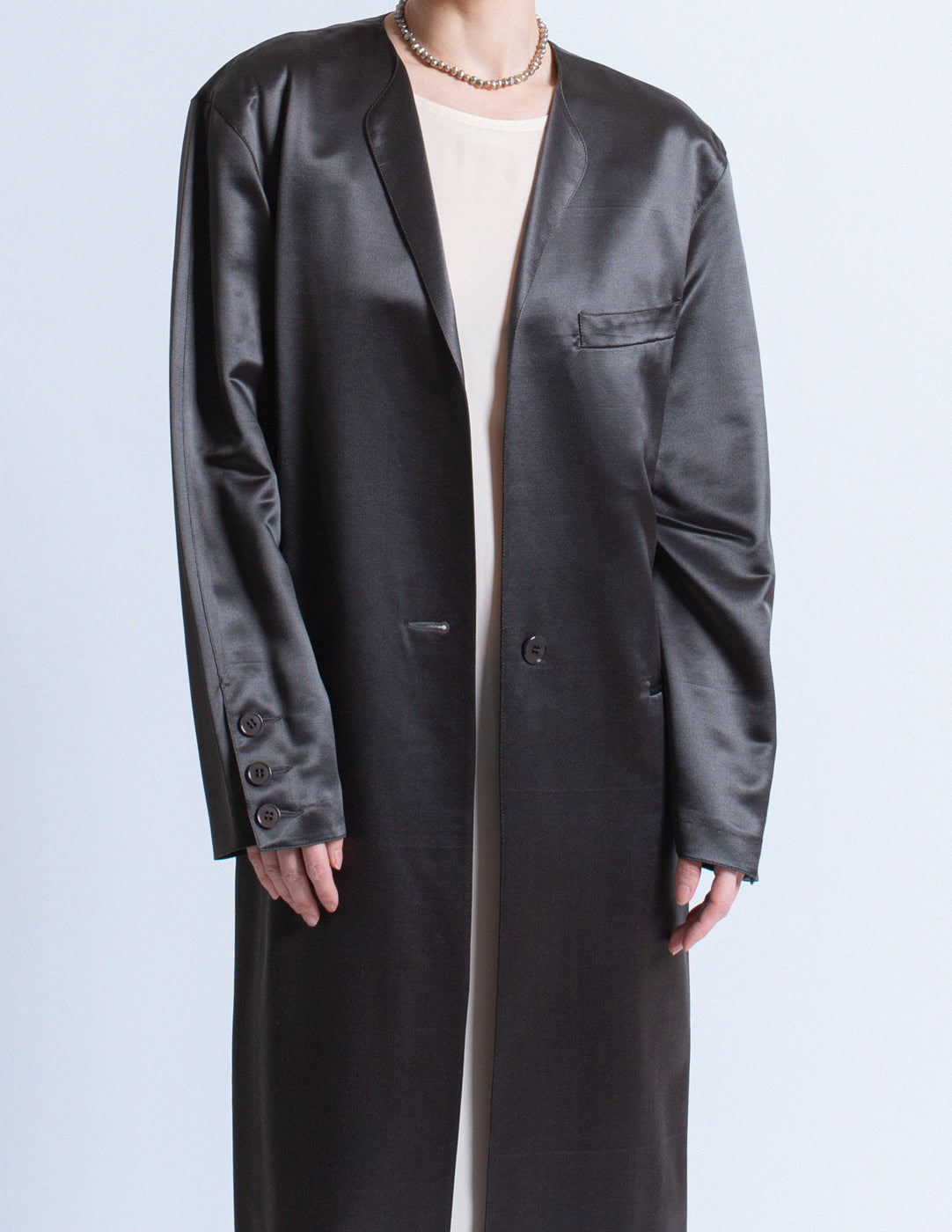 Gianfranco Ferré vintage charcoal satin coat with a cream silk slip dress detail