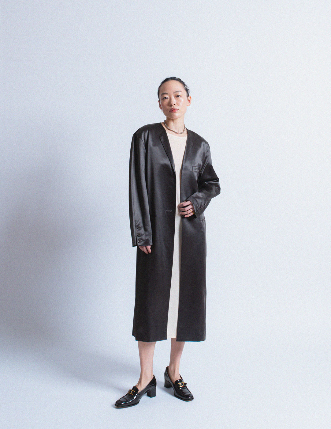 Gianfranco Ferré vintage charcoal satin coat with a cream silk slip dress