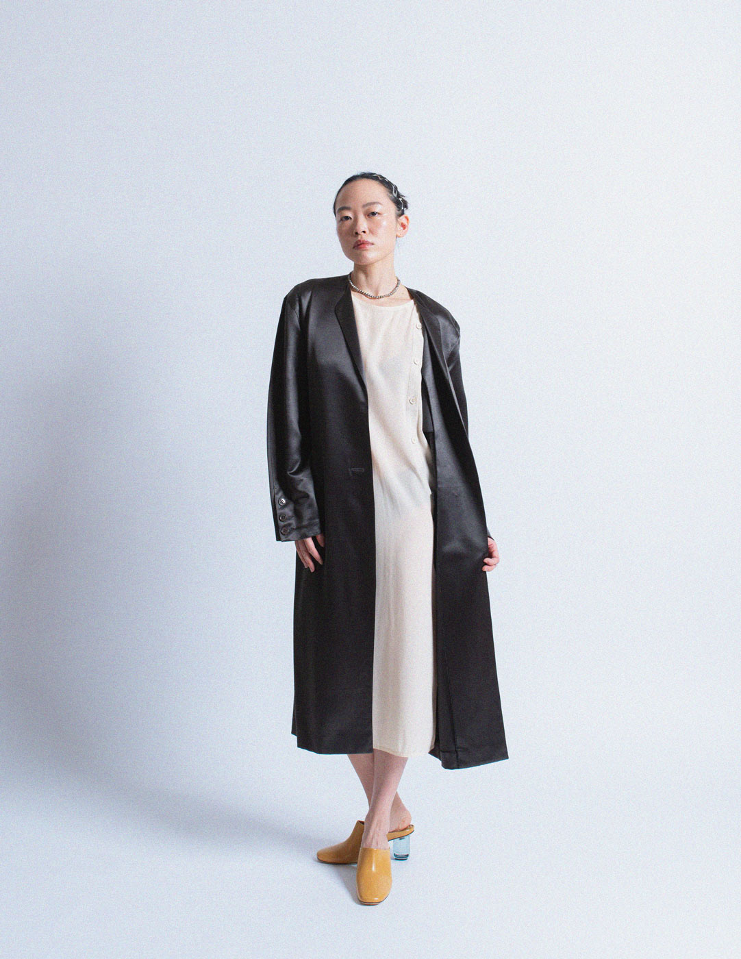 Gianfranco Ferré vintage charcoal satin coat with a cream silk slip dress