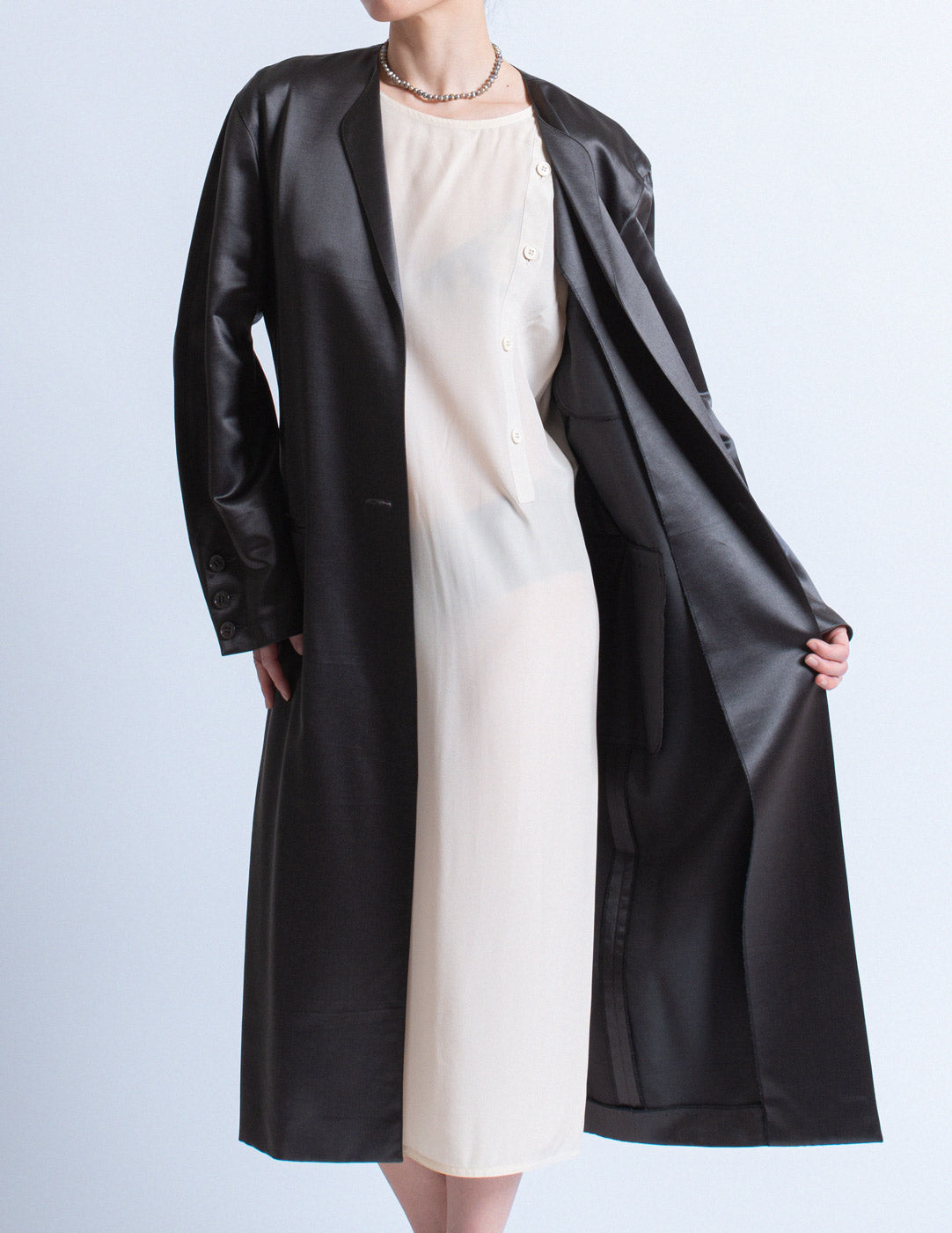 Gianfranco Ferré vintage charcoal satin coat with a cream silk slip dress detail