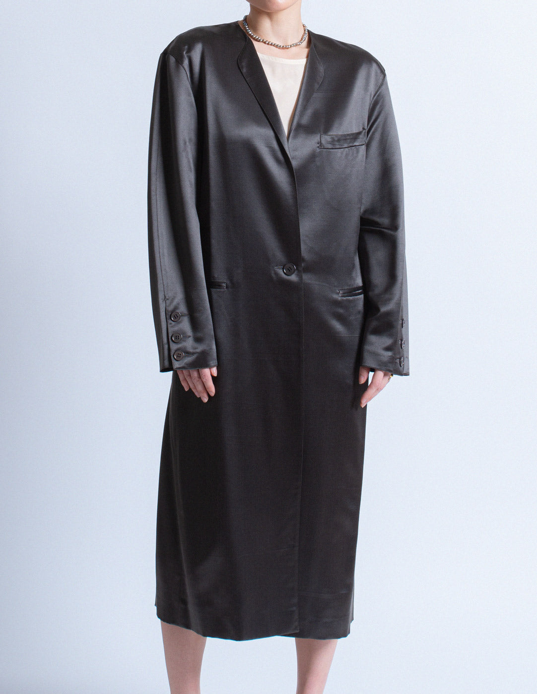 Gianfranco Ferré vintage charcoal satin coat with a cream silk slip dress detail