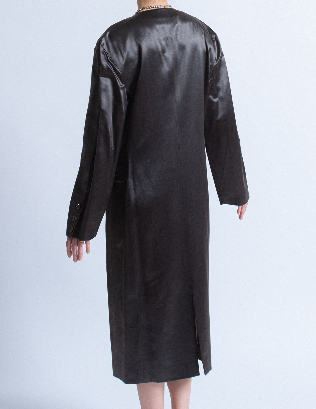 Gianfranco Ferré vintage charcoal satin coat with a cream silk slip dress back detail