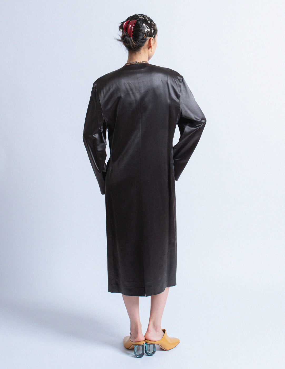 Gianfranco Ferré vintage charcoal satin coat with a cream silk slip dress back view