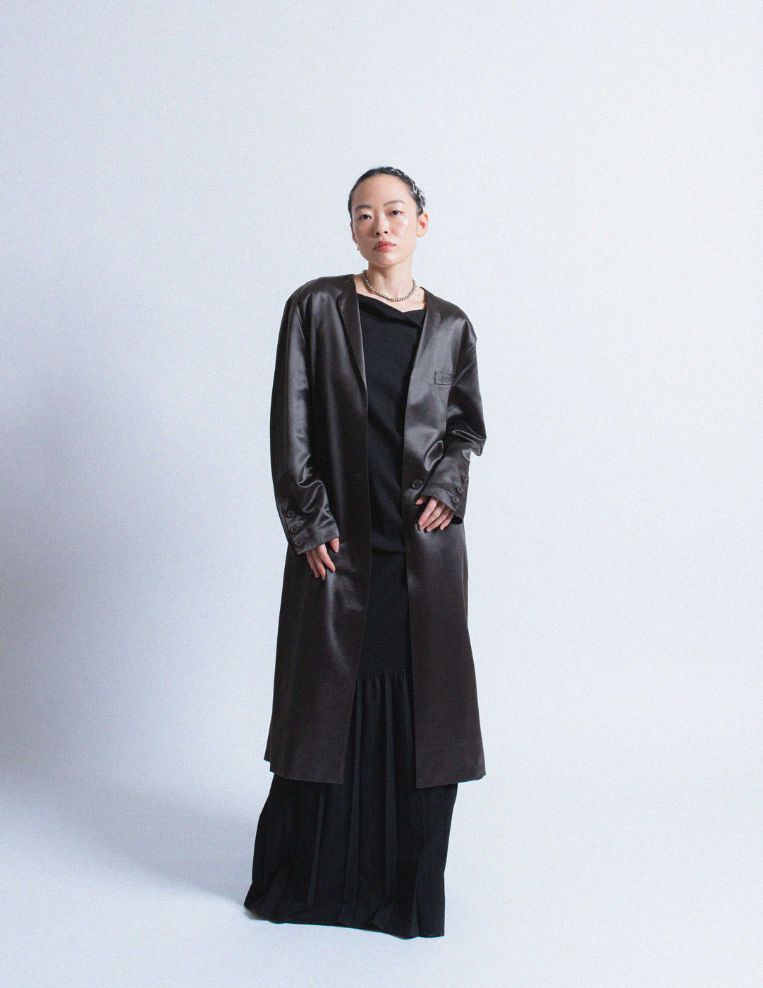 Gianfranco Ferré vintage charcoal satin coat with a cream silk slip dress