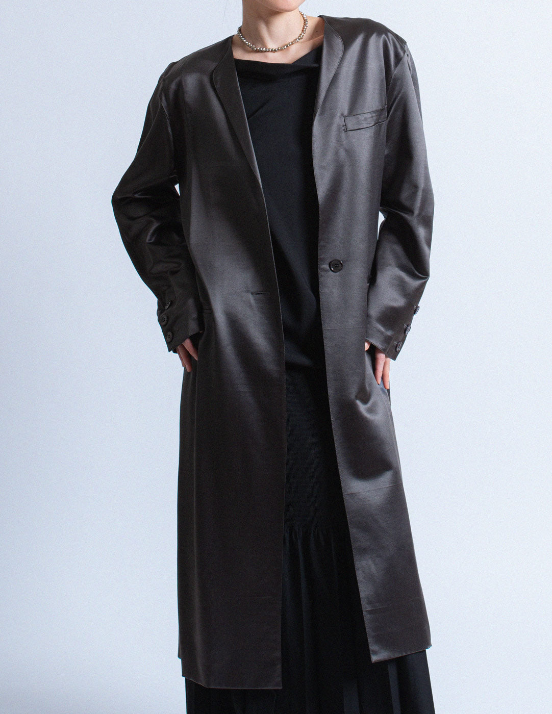Gianfranco Ferré vintage charcoal satin coat with a cream silk slip dress front detail