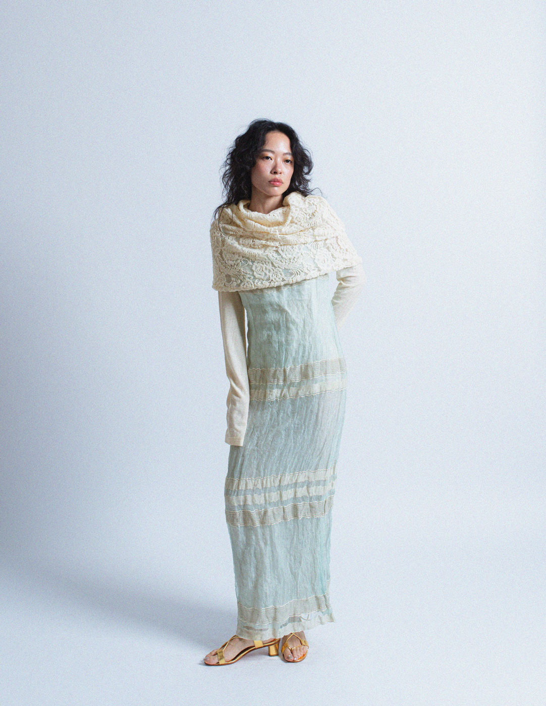 Gianfranco Ferré vintage seafoam crinkled dress and shawl set