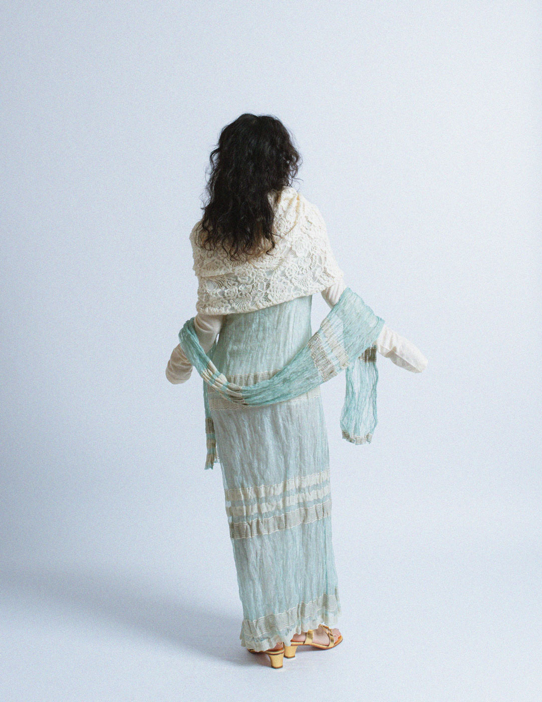 Gianfranco Ferré vintage seafoam crinkled dress and shawl set back view