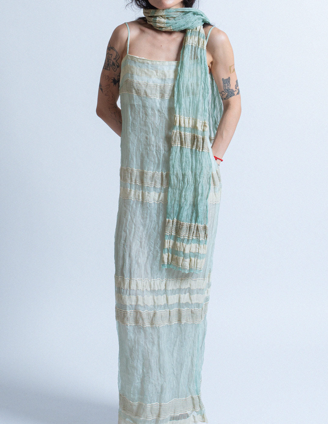 Gianfranco Ferré vintage seafoam crinkled dress and shawl set front detail