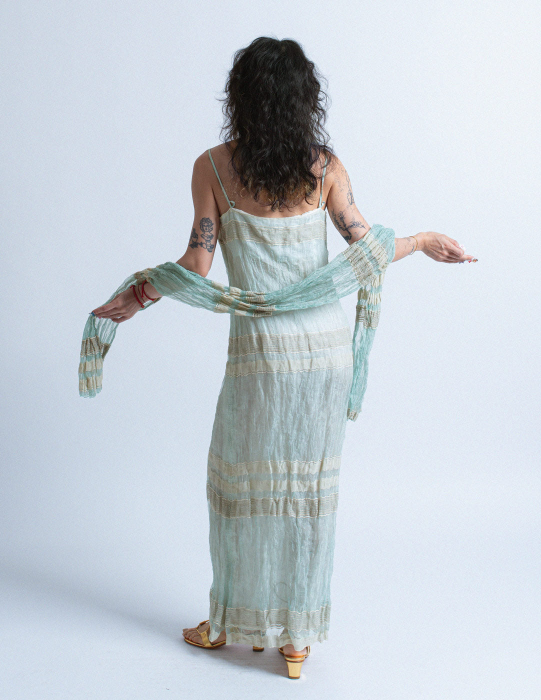 Gianfranco Ferré vintage seafoam crinkled dress and shawl set back view