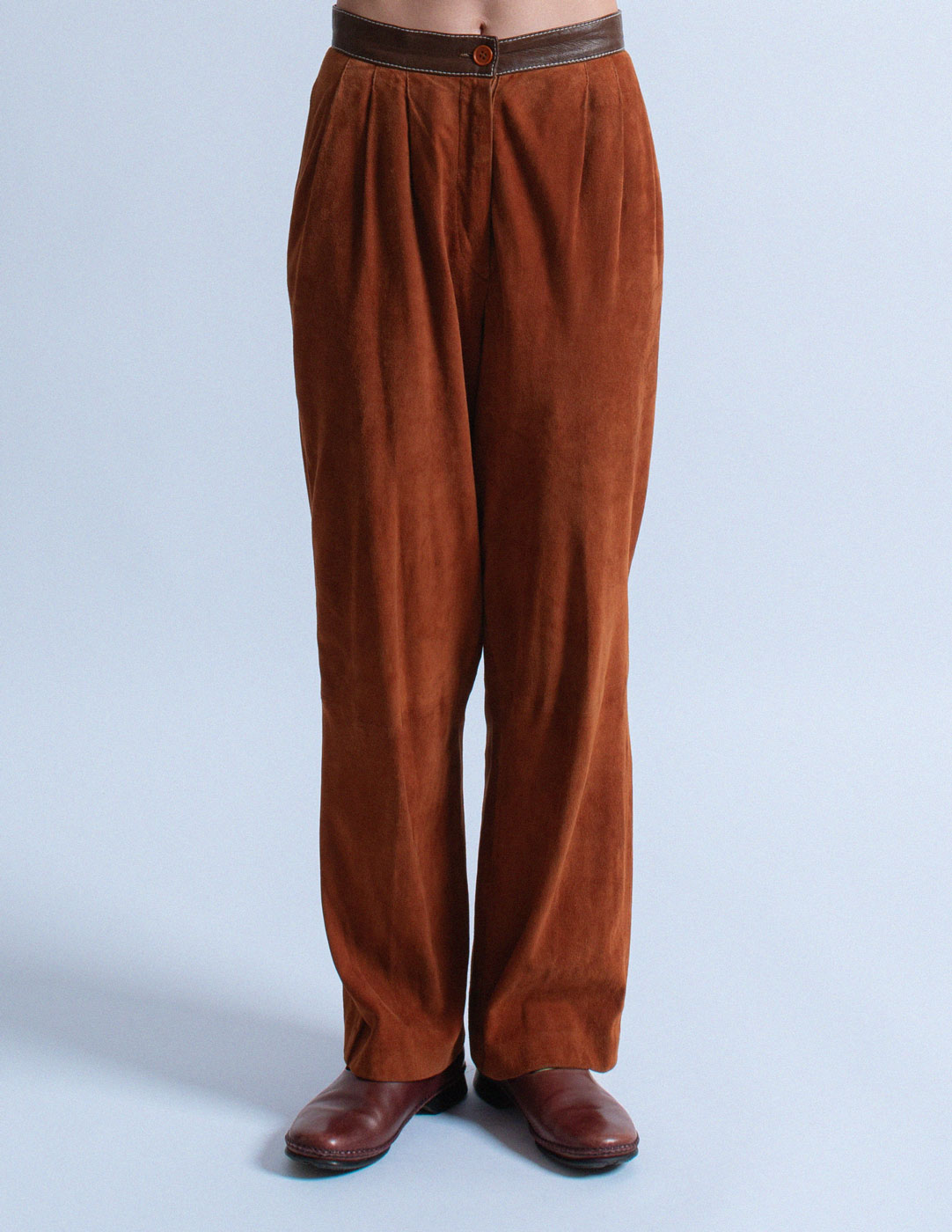 Gianfranco Ferré vintage burnt orange suede trousers front detail