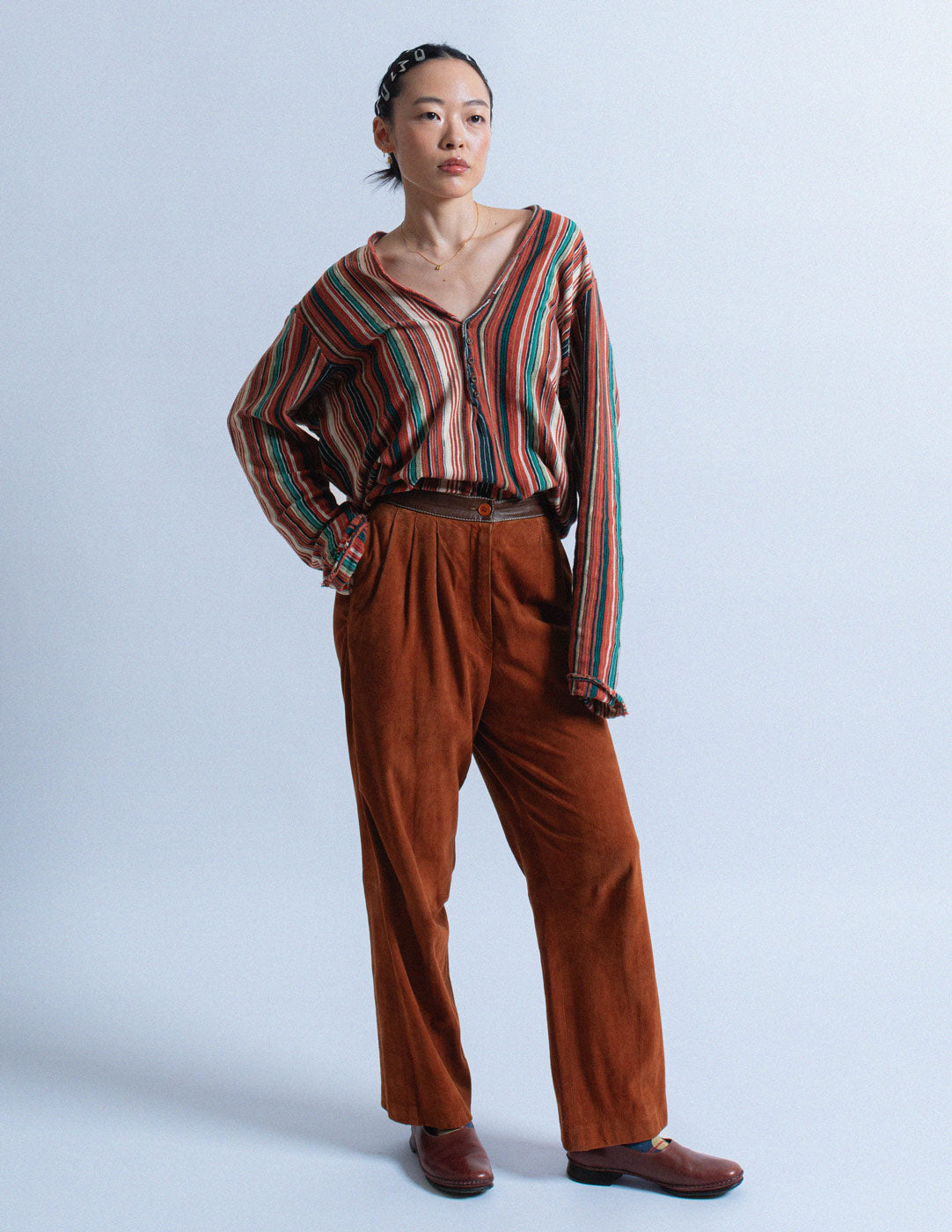 Gianfranco Ferré vintage burnt orange suede trousers front view