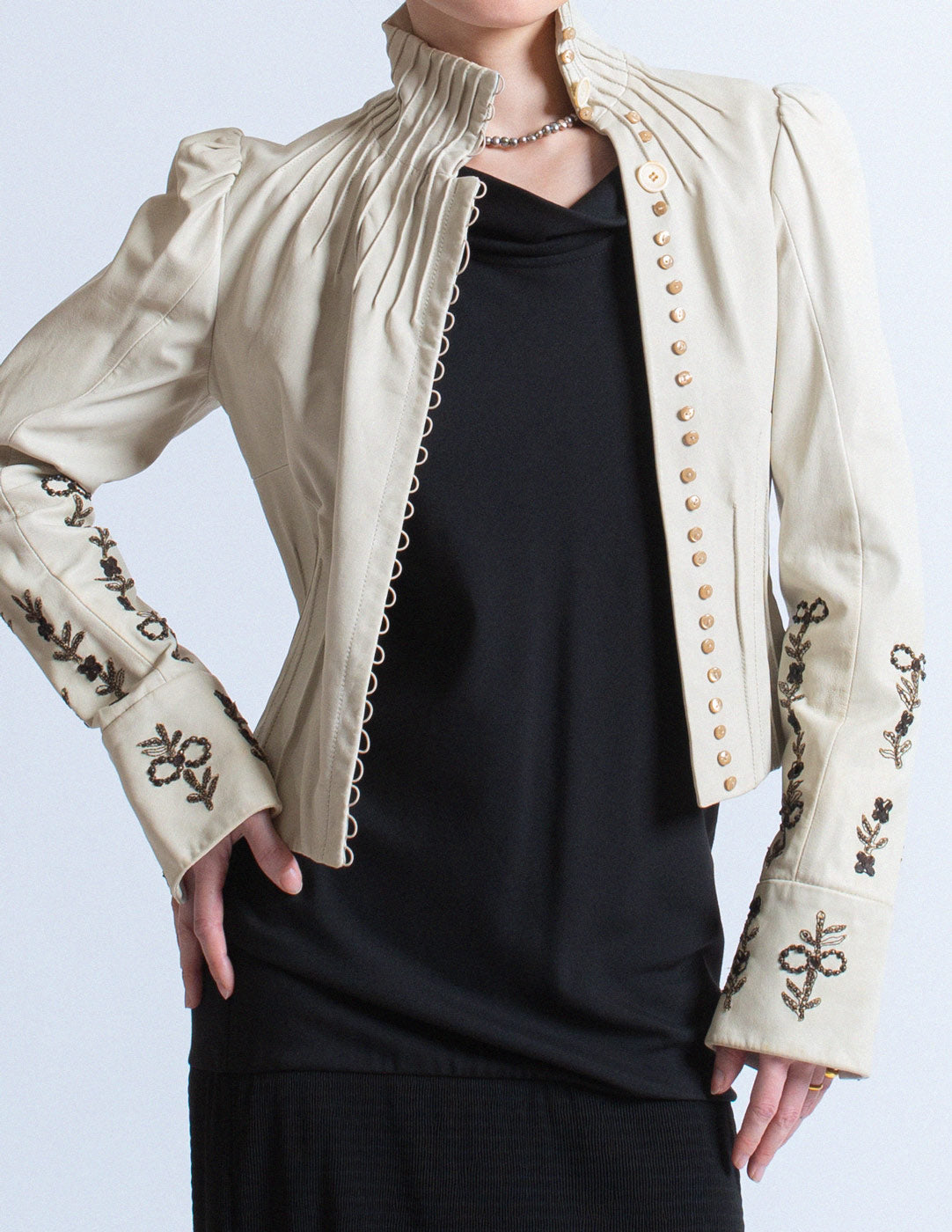 John Galliano vintage ivory lambskin corset jacket with smocked and beaded design detail