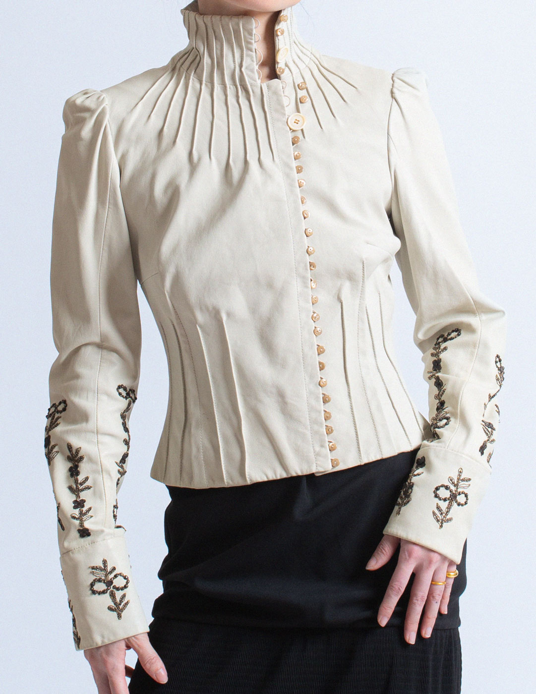 John Galliano vintage ivory lambskin corset jacket with smocked and beaded design detail
