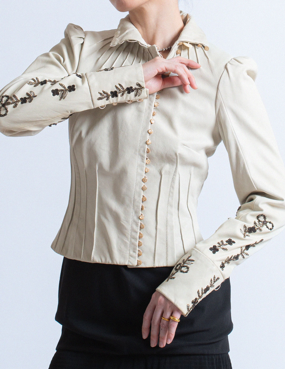 John Galliano vintage ivory lambskin corset jacket with smocked and beaded design front detail
