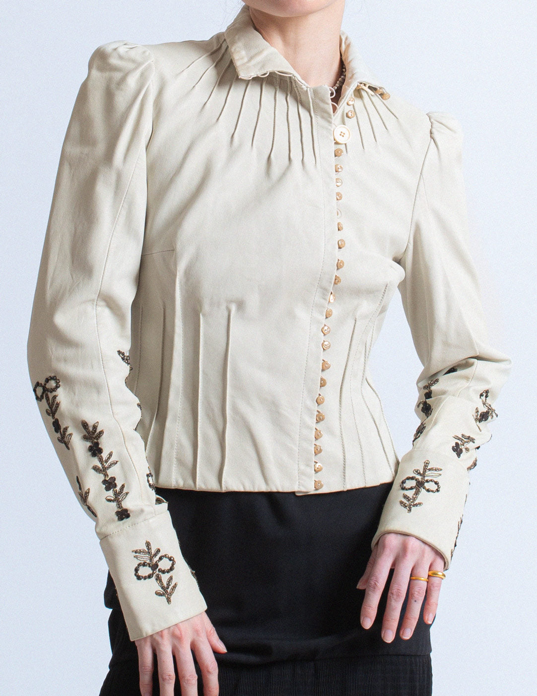 John Galliano vintage ivory lambskin corset jacket with smocked and beaded design detail