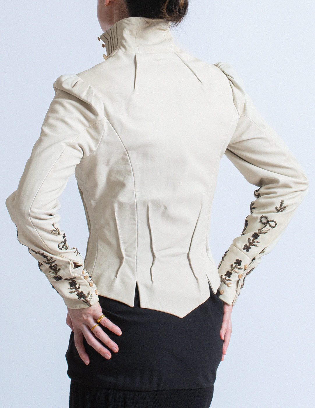 John Galliano vintage ivory lambskin corset jacket with smocked and beaded design back detail