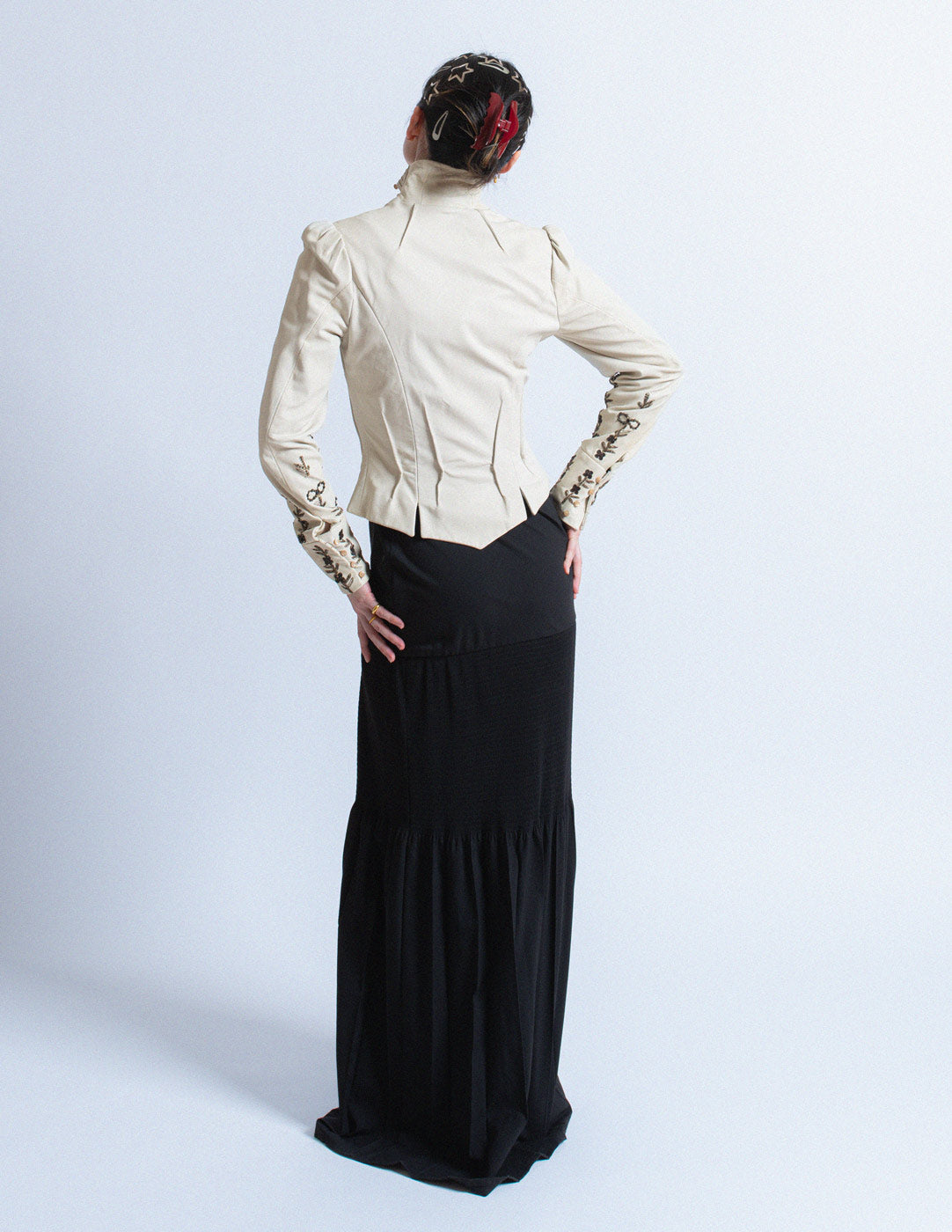 John Galliano vintage ivory lambskin corset jacket with smocked and beaded design back view