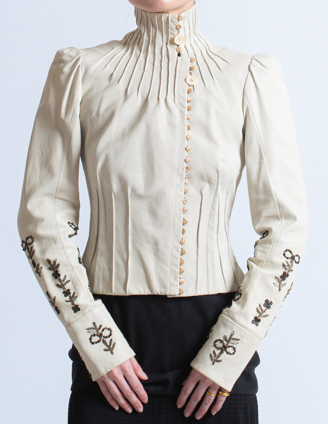 John Galliano vintage ivory lambskin corset jacket with smocked and beaded design detail
