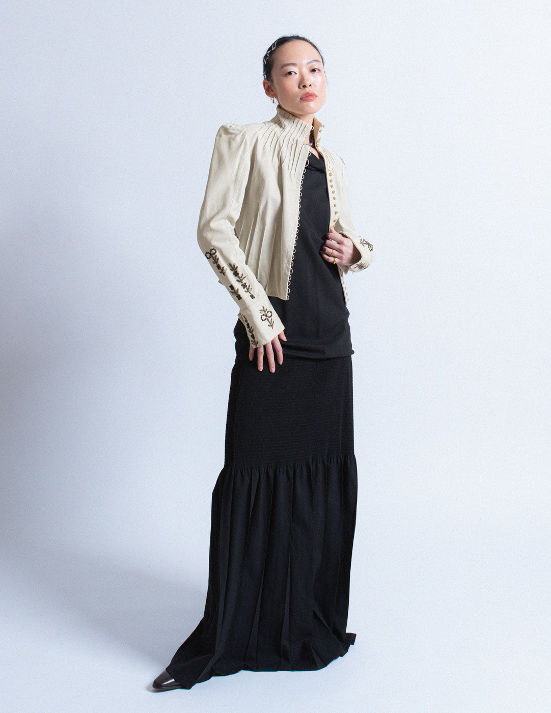 John Galliano vintage ivory lambskin corset jacket with smocked and beaded design