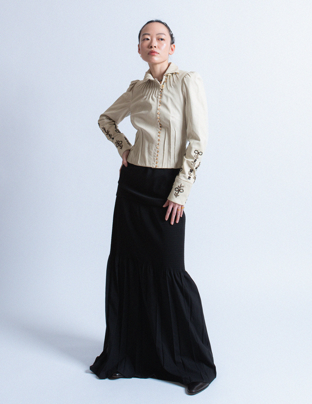 John Galliano vintage ivory lambskin corset jacket with smocked and beaded design