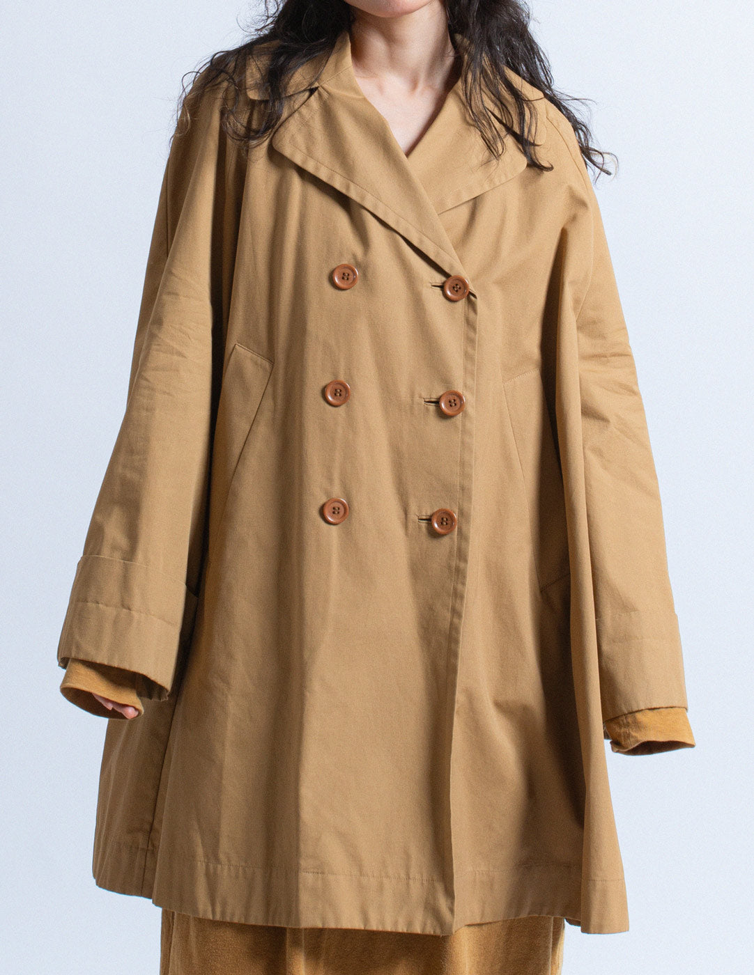 Romeo Gigli vintage camel tone double breasted cotton coat front detail