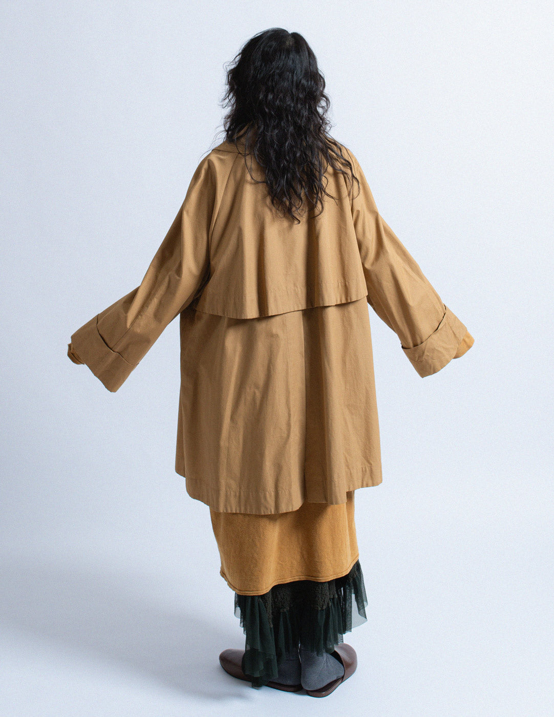 Romeo Gigli vintage camel tone double breasted cotton coat back view
