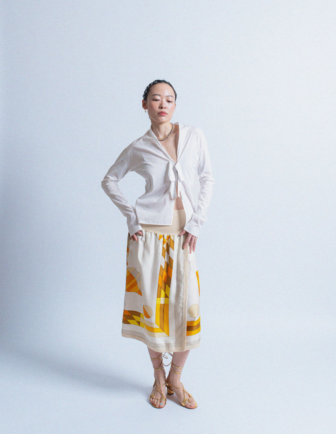 vintage geometric print satin and cashmere skirt