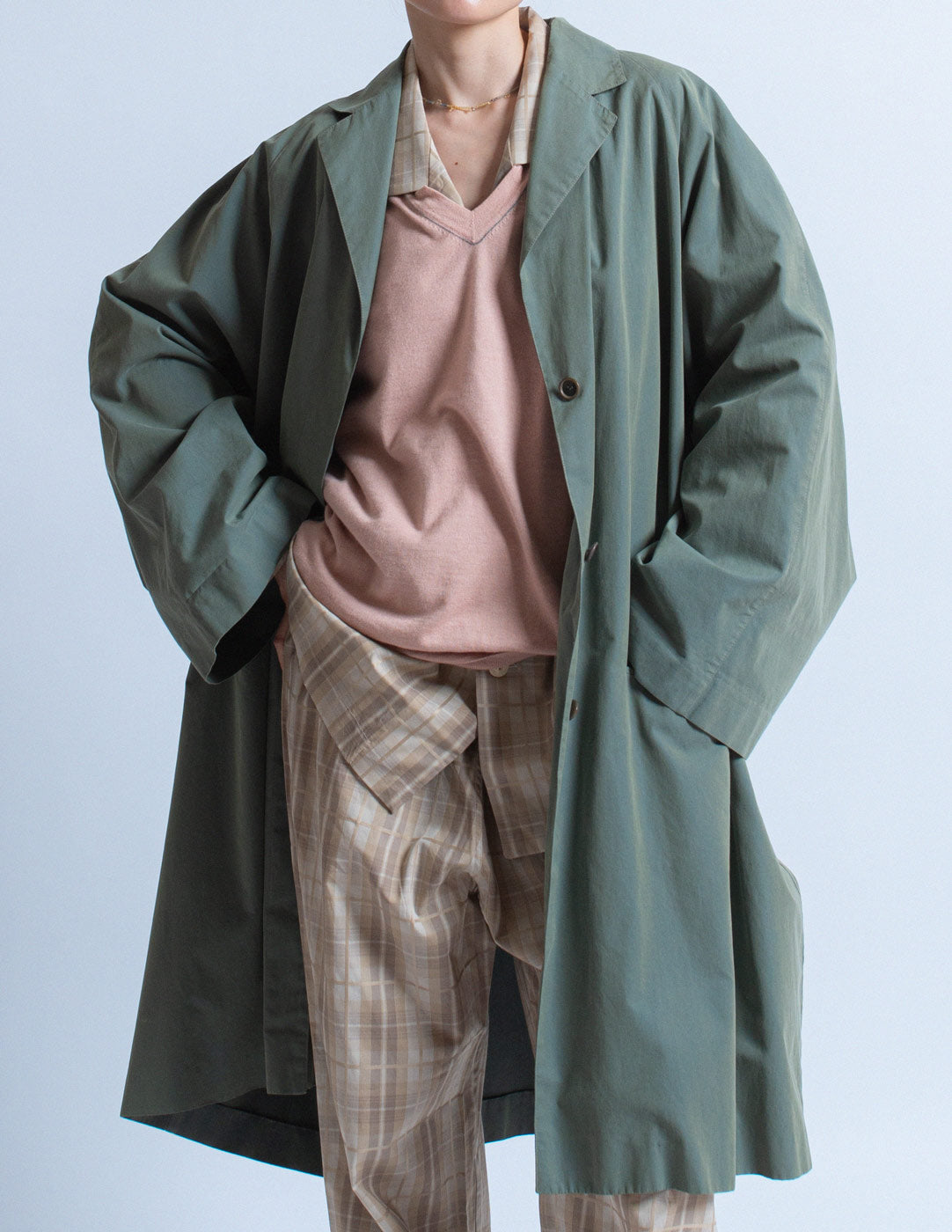 Romeo Gigli vintage sage tone cotton spring coat detail