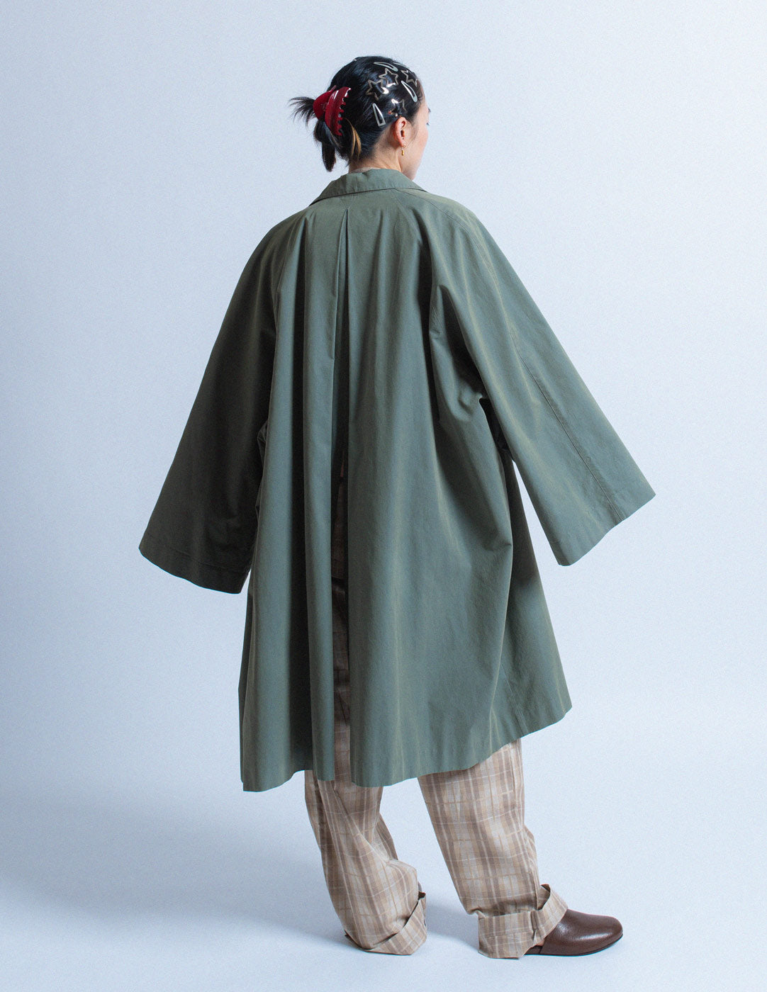 Romeo Gigli vintage sage tone cotton spring coat back view