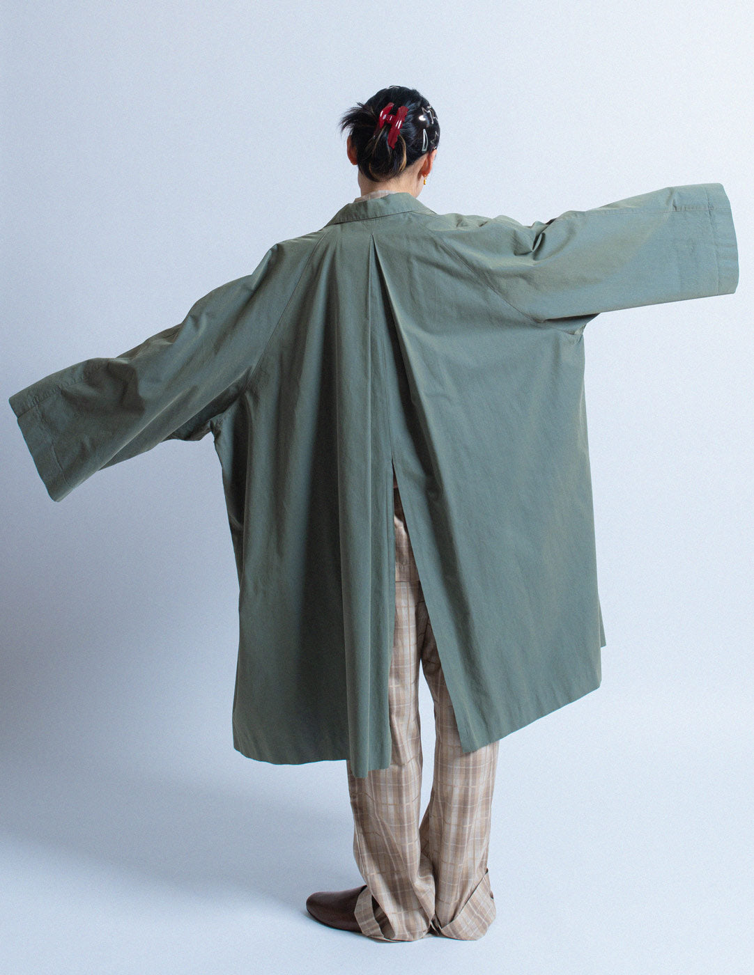 Romeo Gigli vintage sage tone cotton spring coat back view