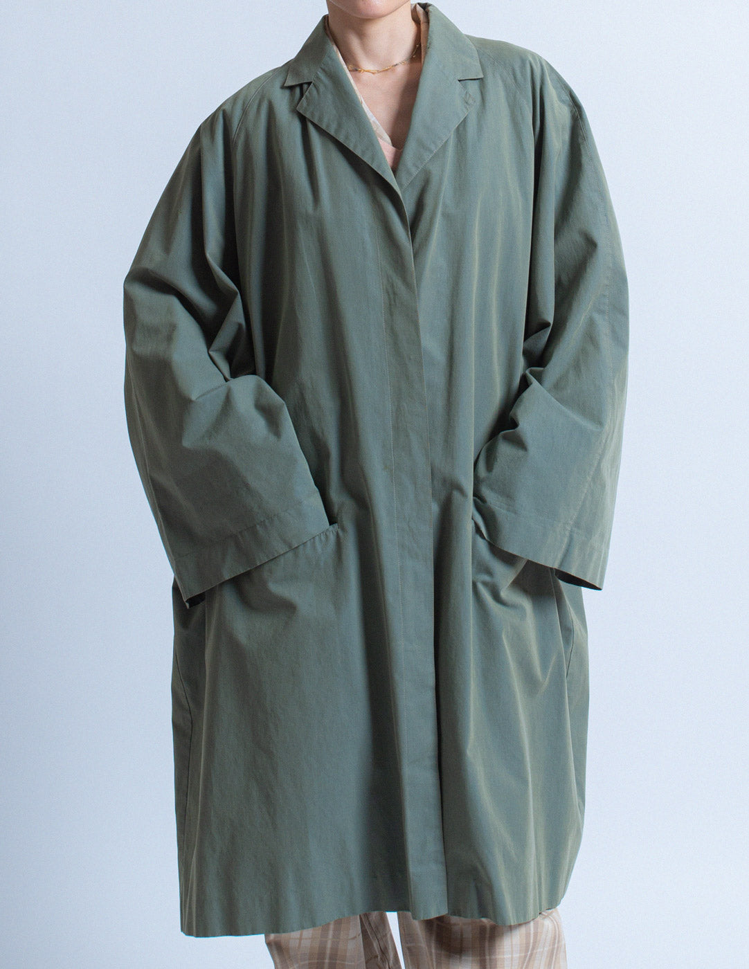 Romeo Gigli vintage sage tone cotton spring coat detail