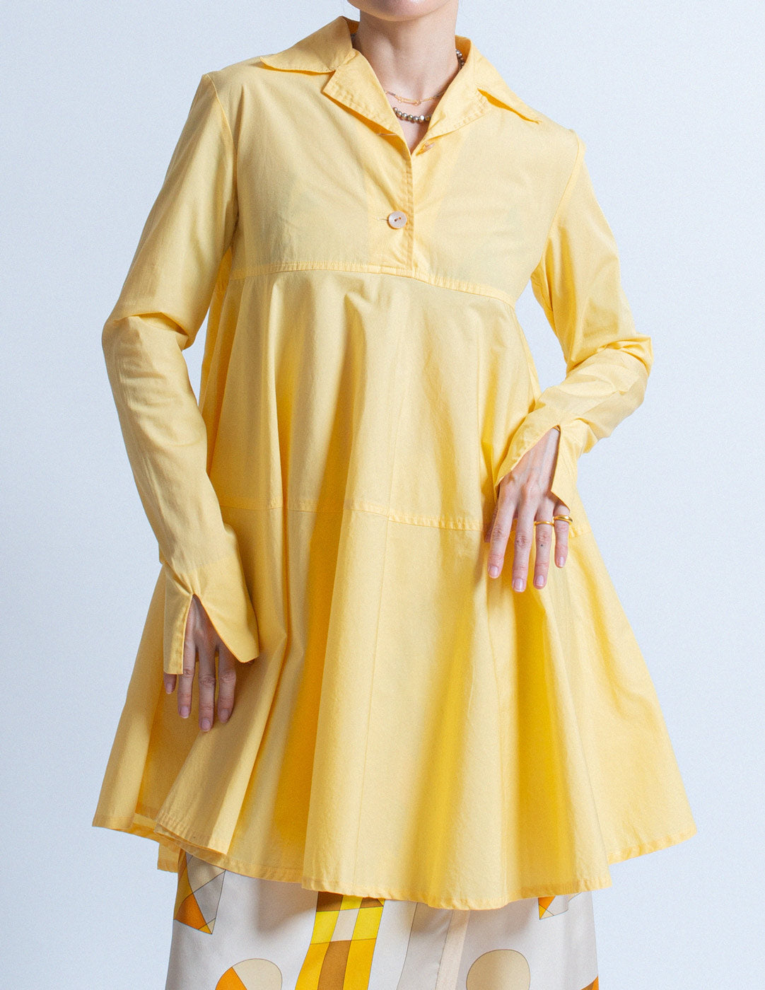 Romeo Gigli vintage butter yellow cotton shirt dress detail