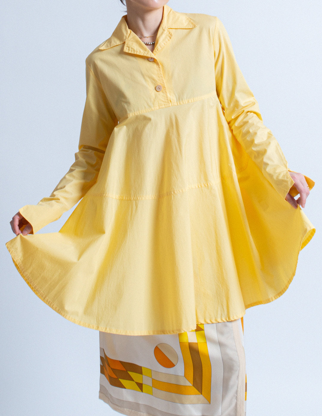 Romeo Gigli vintage butter yellow cotton shirt dress front detail
