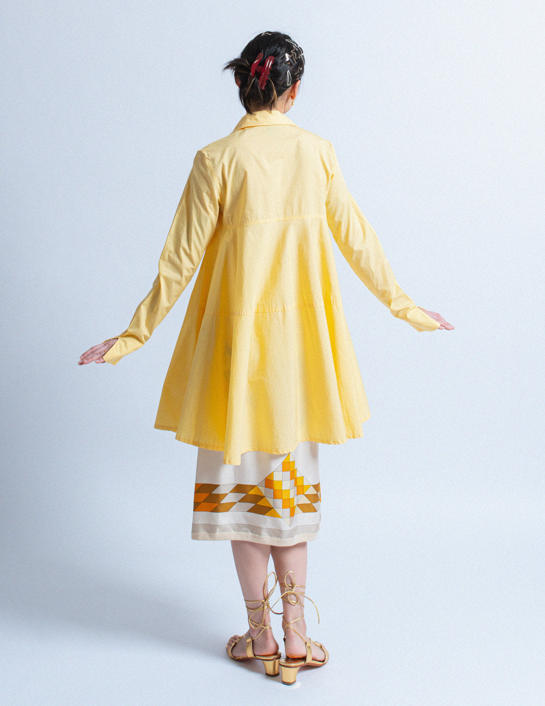 Romeo Gigli vintage butter yellow cotton shirt dress back view