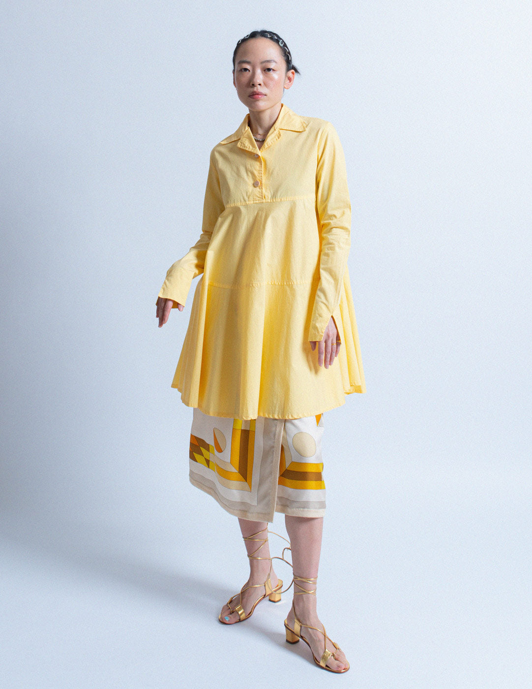 Romeo Gigli vintage butter yellow cotton shirt dress