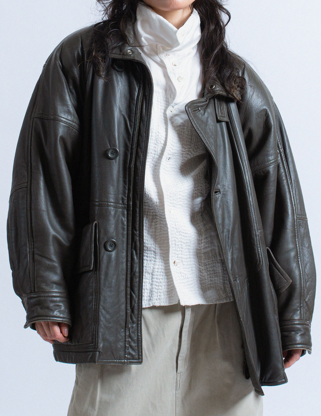 HAI Sporting Gear vintage gray leather puffer jacket detail