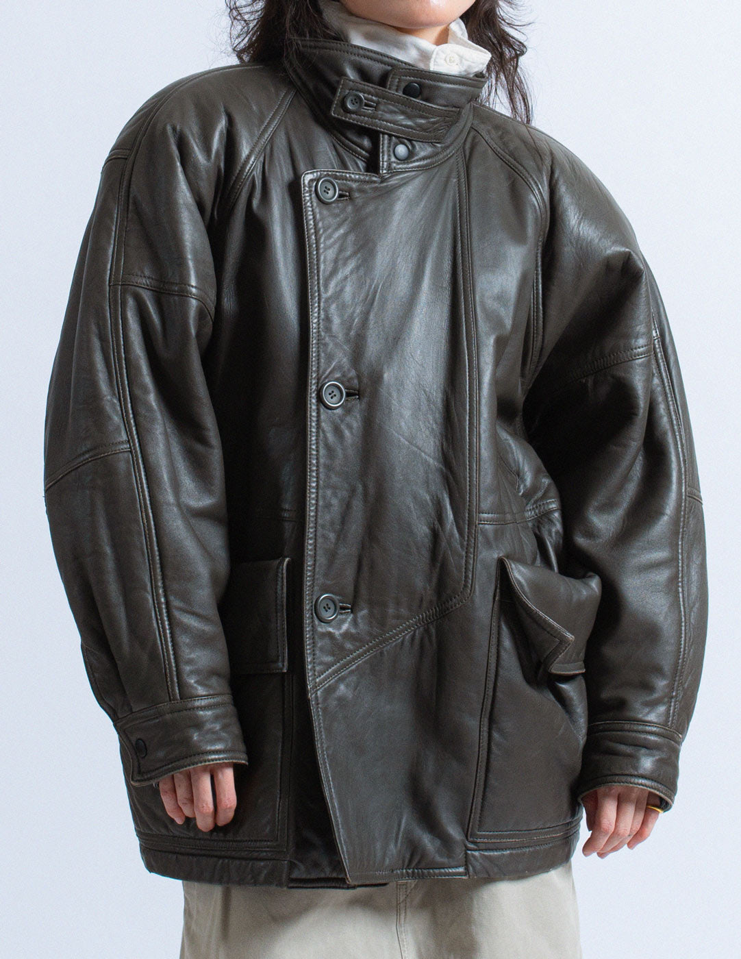 HAI Sporting Gear vintage gray leather puffer jacket detail