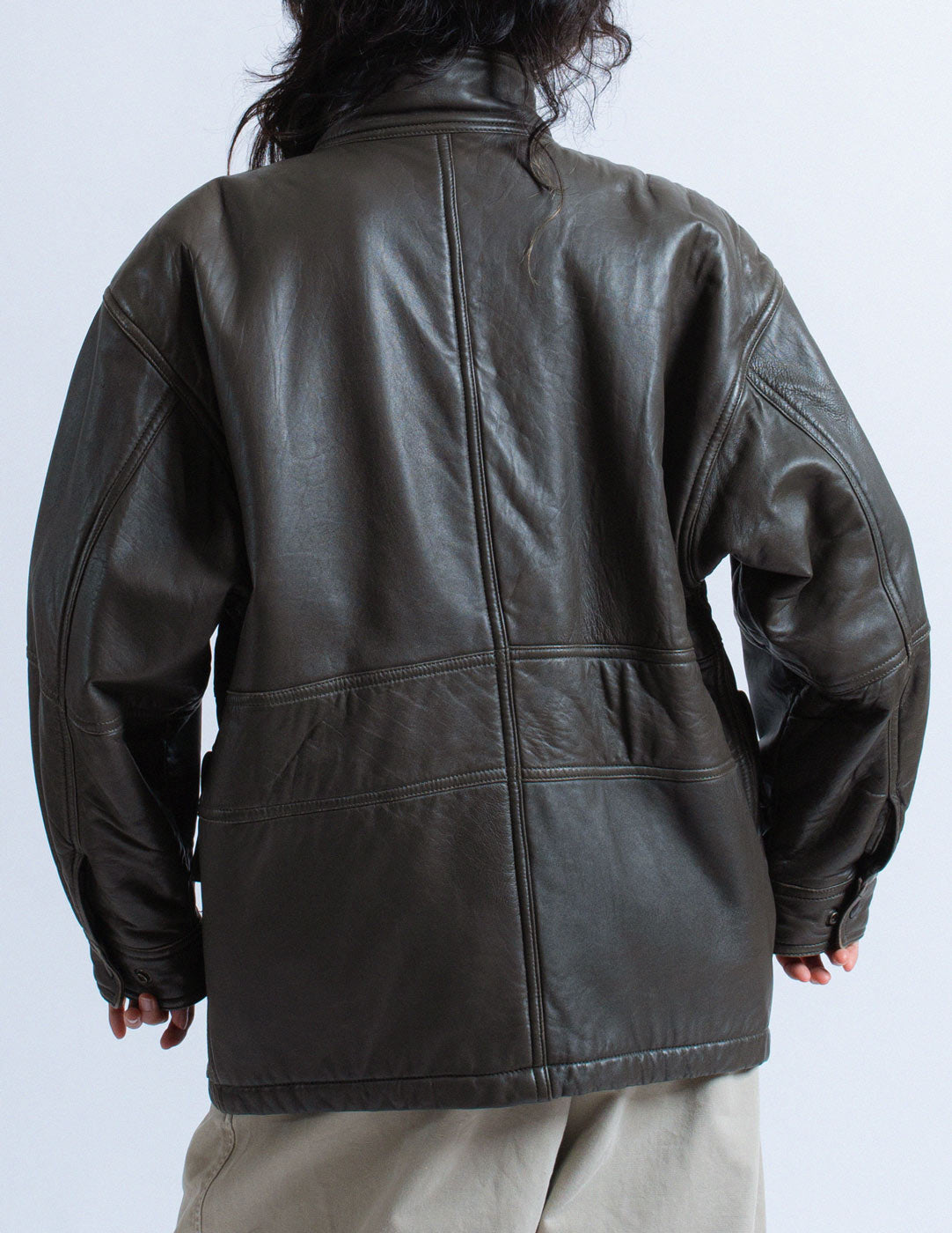 HAI Sporting Gear vintage gray leather puffer jacket back detail