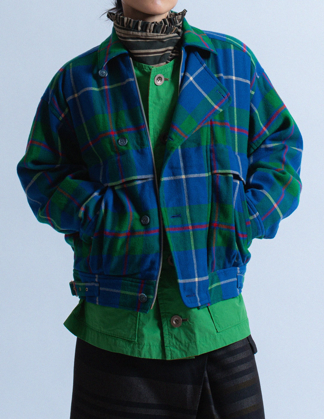 HAI Sporting Gear vintage green and blue plaid wool jacket detail