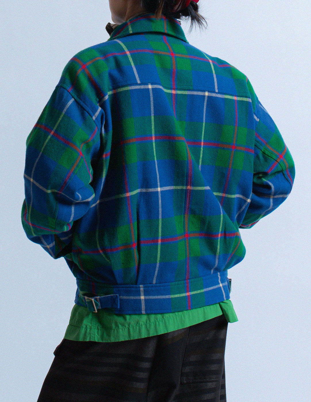 HAI Sporting Gear vintage green and blue plaid wool jacket back detail