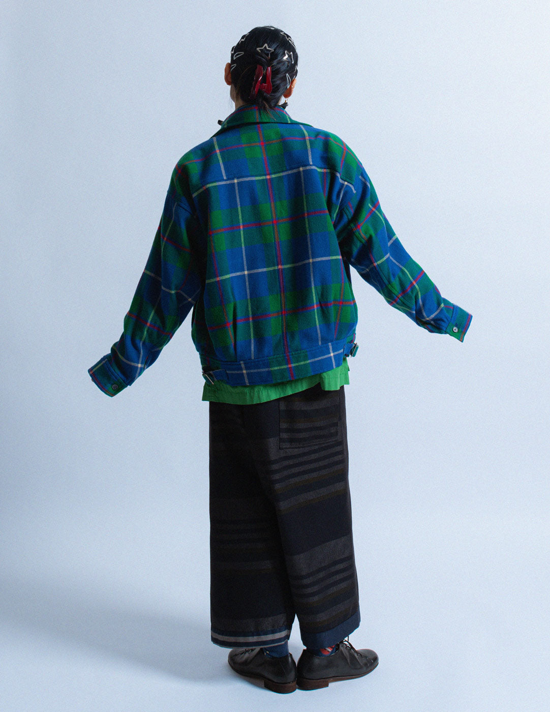 HAI Sporting Gear vintage green and blue plaid wool jacket back view