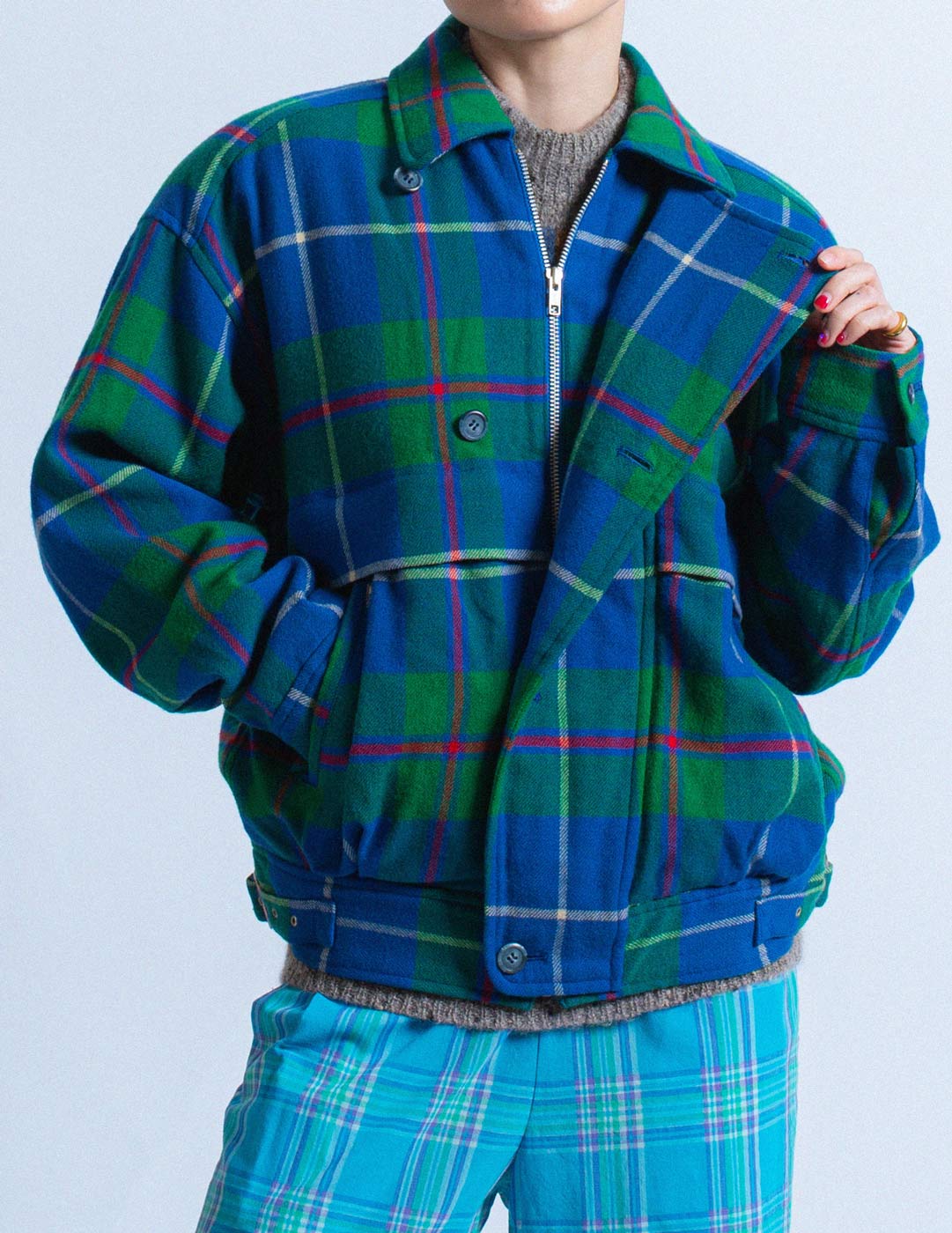 HAI Sporting Gear vintage green and blue plaid wool jacket detail