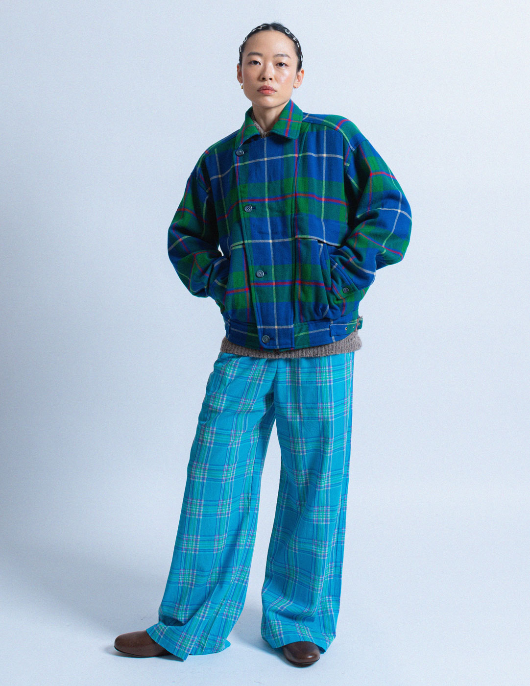 HAI Sporting Gear vintage green and blue plaid wool jacket front view