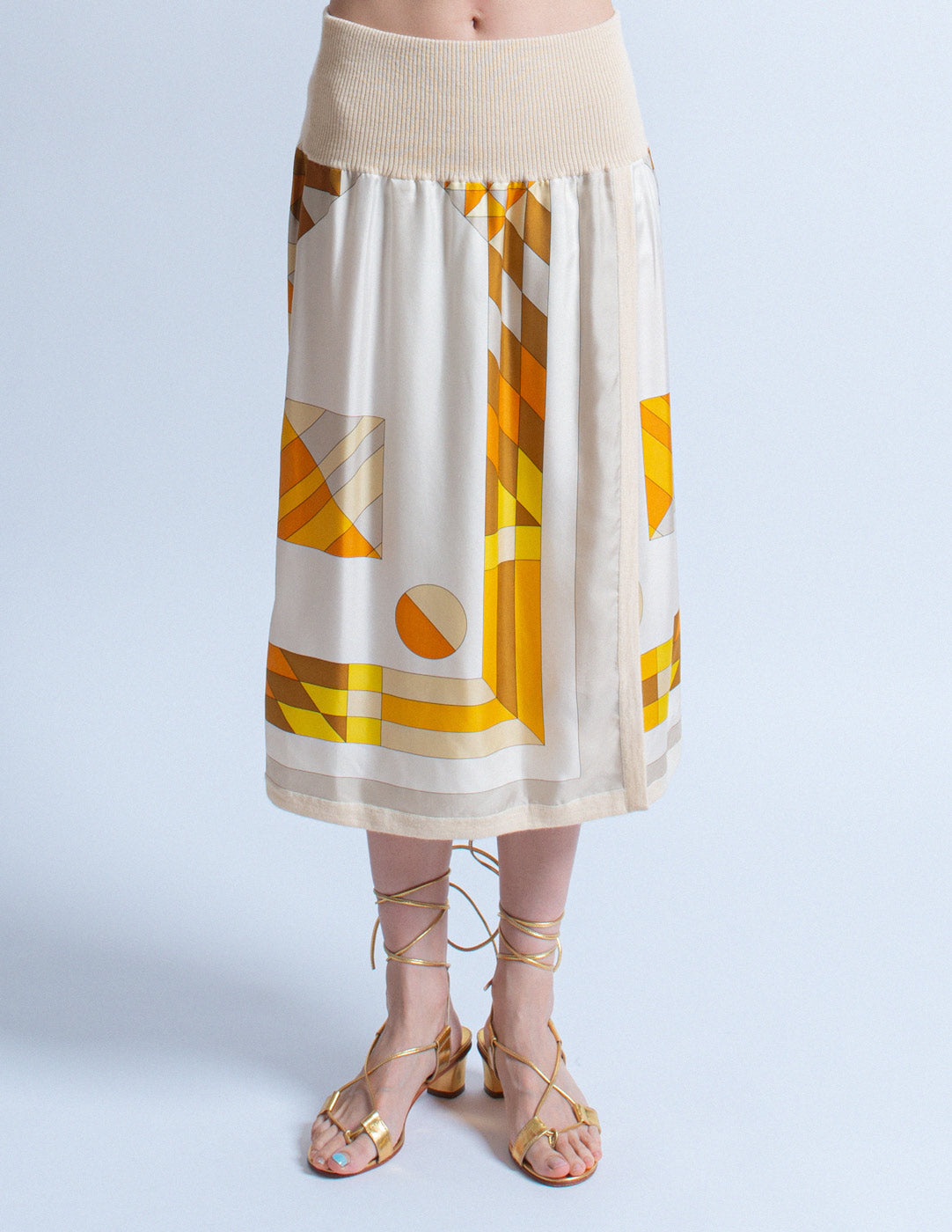 vintage geometric print satin and cashmere skirt