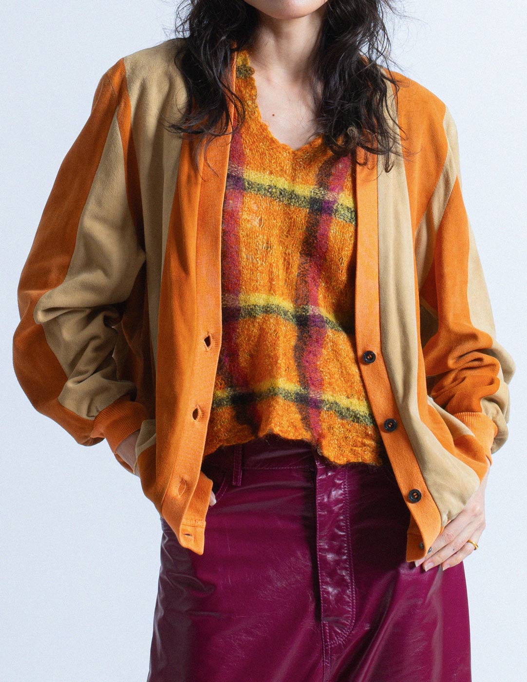 Hermès Sport vintage ochre and sand striped suede jacket front detail