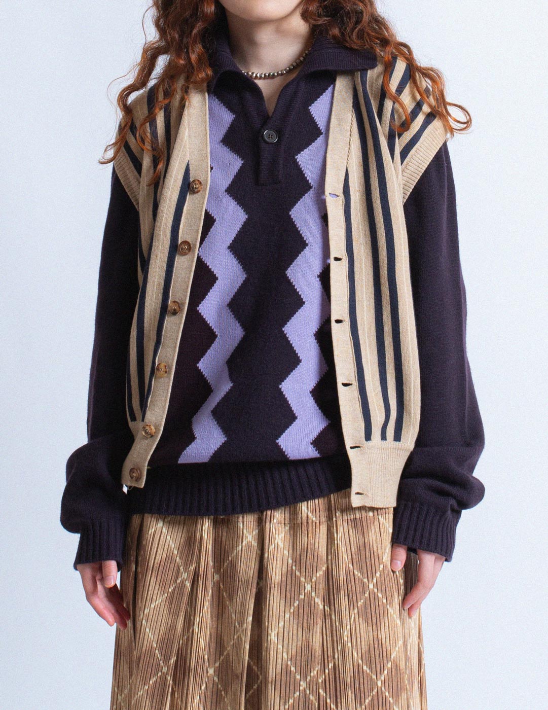 Hermès vintage zigzag purple cashmere pullover layered detail