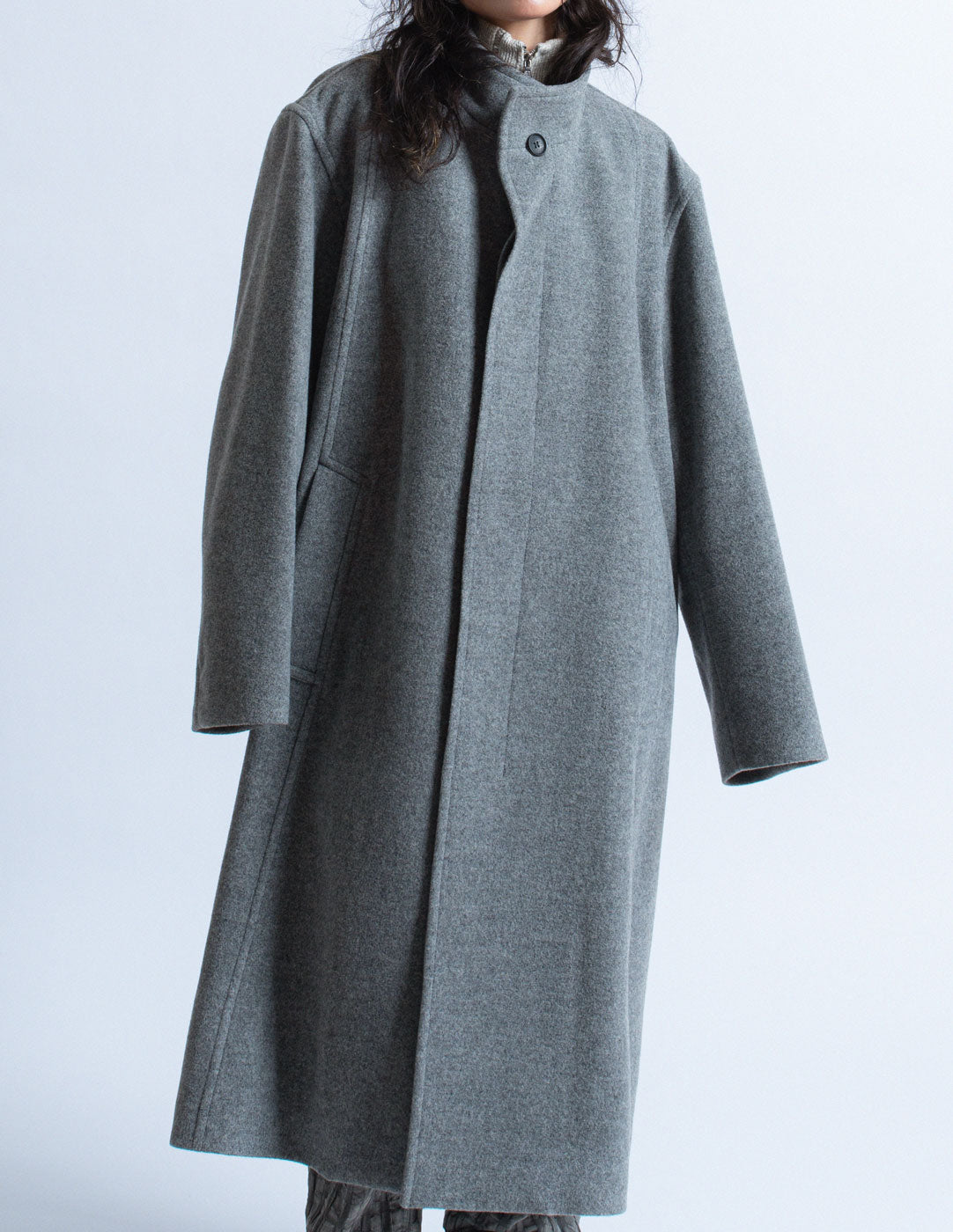 Issey Miyake Men gray wool long coat front detail